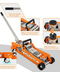 2.5 Ton Steel Floor Jack With Low Profile Design, features textured handle and swivel casters for low clearance cars and trailers