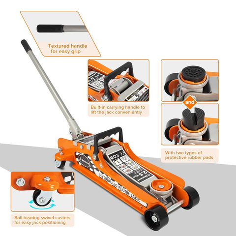 2.5 Ton Steel Floor Jack With Low Profile Design, features textured handle and swivel casters for low clearance cars and trailers