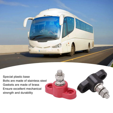 Battery Power Distribution Terminal Blocks Set Red and Black Insulated Ground Junction Posts with Single Studs for Cars and 12V 24V Systems Heavy Duty Durable Plastic Base Stainless Steel Bolts Brass Gaskets for bus wiring