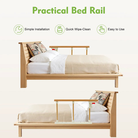 Foldable Bed Assist Rail For Seniors With Adjustable Height shown on a wooden bed with headboard, highlighting installation features.