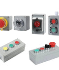 Six metal push-button control boxes with explosion-proof, waterproof enclosures and color-coded start/reset buttons.