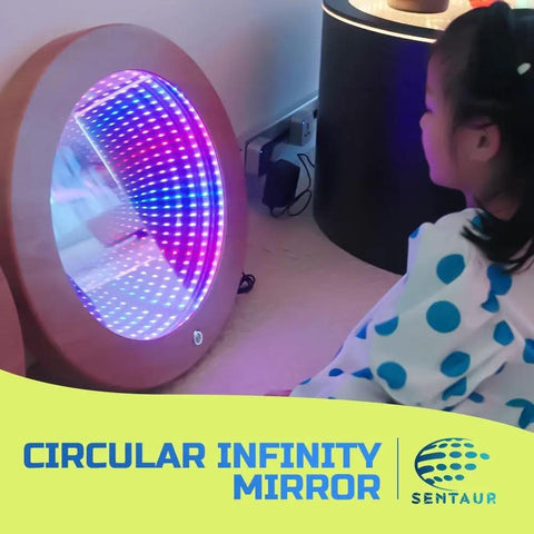 Child looking at Light Up 3D Circular Infinity Mirror With Color Changing Tunnel Lighting For Calming Sensory Stimulation In Classrooms And Clinics Multicolor Visual Illusion That Transforms Any Space.