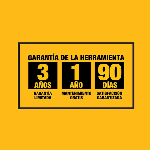Flip Drive Drill Kit Dw2702 warranty details in Spanish including 3-year limited, 1-year free maintenance, and 90-day satisfaction guarantee.