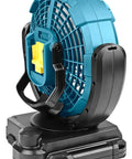 Cordless 18V LXT Fan with Three Speed Settings and 45 Degree Oscillation for Quiet Airflow, compact 7-1/8 inch size, side view.