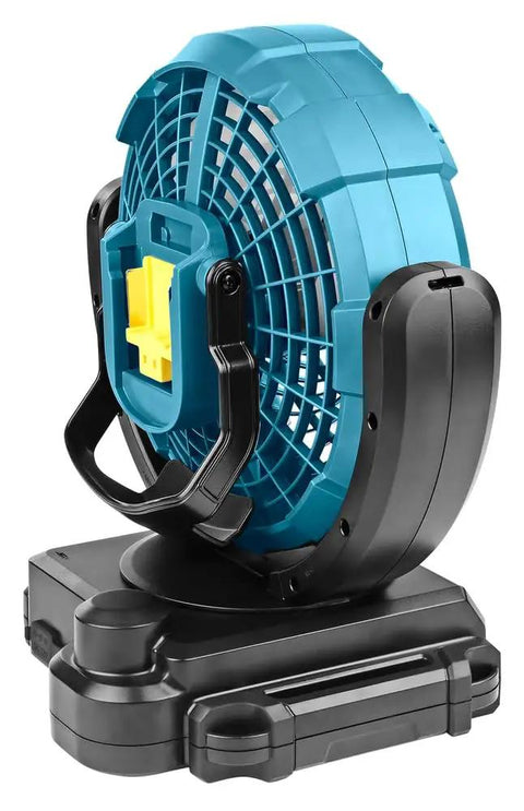 Cordless 18V LXT Fan with Three Speed Settings and 45 Degree Oscillation for Quiet Airflow, compact 7-1/8 inch size, side view.