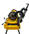 Pro Grade Electric Pipe Threader Machine For Half Through Four Inch Bspt And Npt Threads With 220v Heavy Duty Specs No Drama Auto Lubrication And Ironclad Locking Chuck, yellow pipe threading machine close-up view.