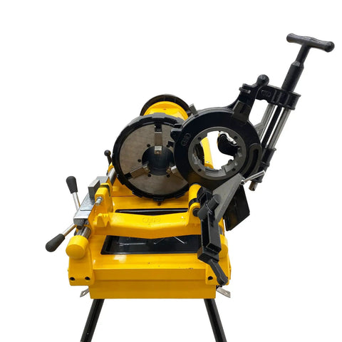 Pro Grade Electric Pipe Threader Machine For Half Through Four Inch Bspt And Npt Threads With 220v Heavy Duty Specs No Drama Auto Lubrication And Ironclad Locking Chuck, yellow pipe threading machine close-up view.