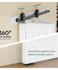 Modern White Bifold Barn Door 42X84 Inches features smooth gliding aluminum track with 360° rotation and floor guide insert.