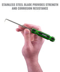 Hand holding stainless steel tool from Six Piece Hook And Pick Set with Acetate Handle for car repair and gasket removal.