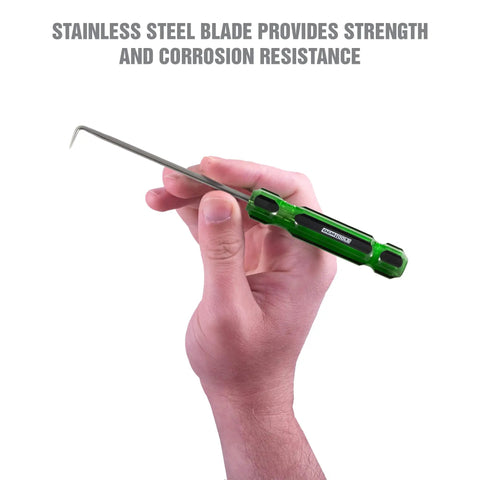 Hand holding stainless steel tool from Six Piece Hook And Pick Set with Acetate Handle for car repair and gasket removal.