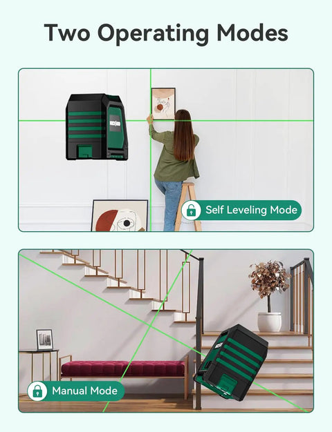 Dual Module Green Laser Level With Self Leveling, 150 Degree Vertical And 130 Degree Horizontal Coverage, Bright Green Beam, Includes 2 AA Batteries And Carrying Bag, Ideal For DIY Reno Renovations, Home Improvement, And Construction Sites. Self leveling and manual mode