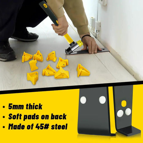 Laminate Flooring Tools Kit For LVP Installation including tapping block with handle and yellow spacers in use