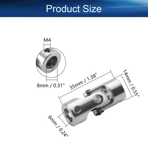 Heavy Duty Universal Joint Shaft Coupling 0.55in OD x 1.38in Length With 6mm To 8mm Bore And M4 Screws RC Model Motor Coupler 2 Pack; size diagram