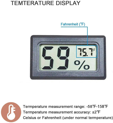 LCD display of Four Pack Mini Digital Temp And Humidity Meters With Probes, showing 59% humidity and 75.7°F temperature .
