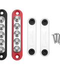 Top Shelf Mini Bus Bar Power Distribution Block 150A Tin Plated Copper in black, red, and silver with installation screws.