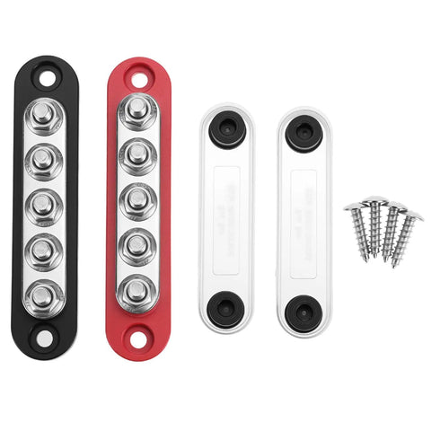 Top Shelf Mini Bus Bar Power Distribution Block 150A Tin Plated Copper in black, red, and silver with installation screws.