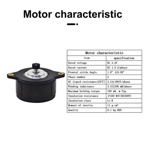 Close-up of motor for Upgraded Dual Gear Extruder For K1 Max And K1C 3D Printers With motor characteristics table.