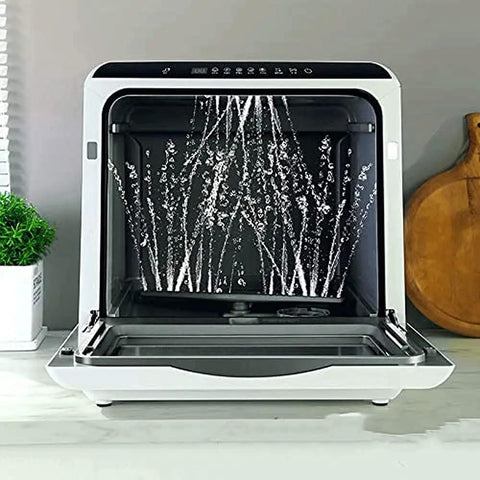 Fully Automatic Portable Countertop Dishwasher Crafted From Premium Stainless Steel with LED display and water spray.