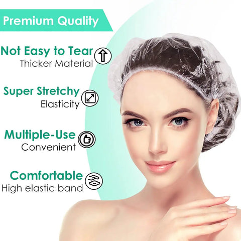 Beefy Thick Clear Disposable Shower Caps 30 Pack For Women 17.3 Inch Waterproof Hair Caps, shown on model
