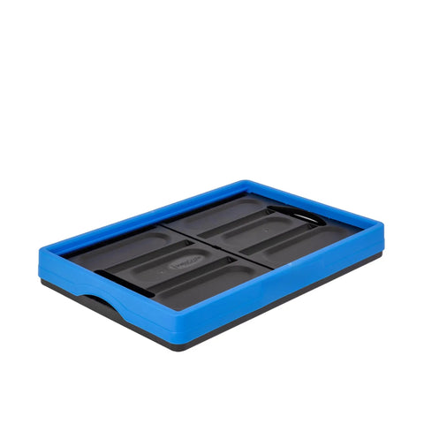 Heavy Duty Collapsible Storage Bin With 12 Gallon Capacity And Built In File Organizer Rails For Home Office Garage Car Trunk Folding Plastic Tote With Easy Grip Handles Black Blue - Open view with sorting rails inside.