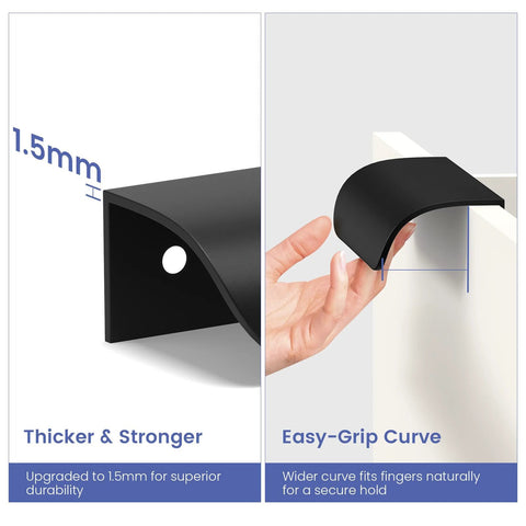 Close-up of 12 Pack 5 Inch Black Cabinet Pulls Edge and Finger Drawer Handles showing curved grip and 1.5mm thickness.