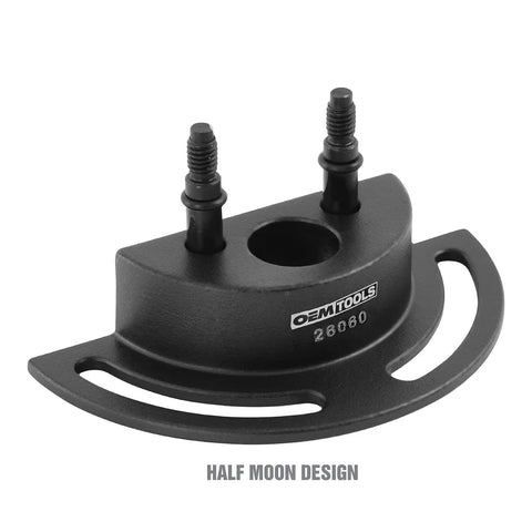 Water Pump Holding Tool For Ecotec Sprocket Retainer And Socket Holder, half-moon design, shown in black metal with bolt holes