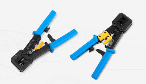 Two RJ45 crimp tools with blue handles from RJ45 Crimp Tool Kit With 50 Cat6 Pass Through Connectors And 50 Strain Relief Boots Plus Extra Blades EZ Cut Strip Crimp Ethernet Cables Pro Network Crimping Tool For Home Or Office DIY Friendly