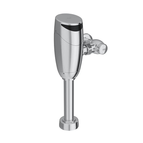 Heavy Duty Commercial Automatic Flush Valve With One Point One Gpf Chrome Plated Finish and Hydropowered Gear Driven Ceramic Cartridge.