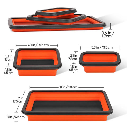 Collapsible Magnetic Parts Tray Set with 3 foldable silicone tool trays for bolts, screws, nuts, and small metal parts, handy garage organizer.
