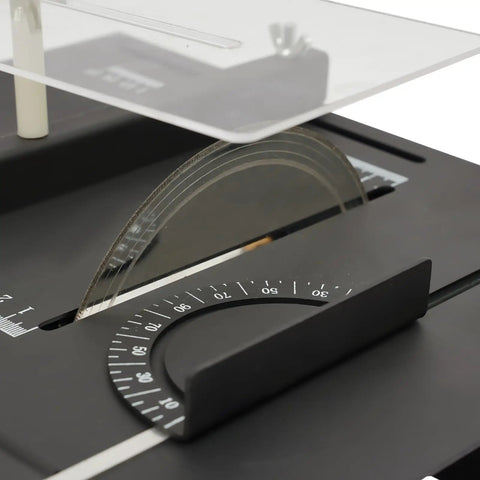 Close-up of Pro Grade Gem Faceting Cutting Polishing Machine With 1850W Motor Portable Table Saw blade and angle gauge