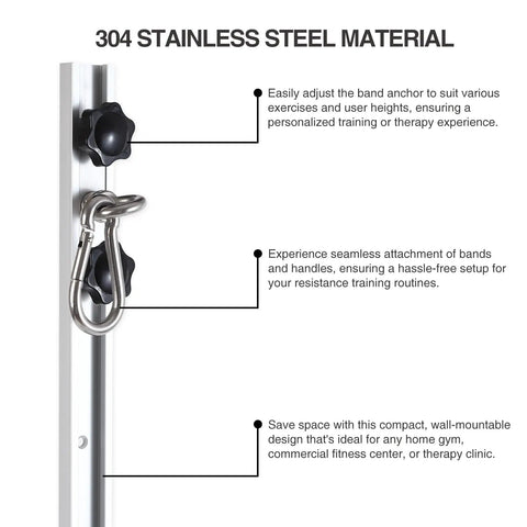 Heavy Duty Adjustable Resistance Band Wall Anchor With Dual Steel Rails And Smooth Glide Carriages For Instant Home Gym Rig Setup Quick Install Mounting Kit No Bands Included, showcasing 304 stainless steel material and adjustable features.