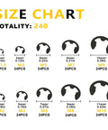 Size chart of Rugged Manganese Steel E Clip Retaining Ring Kit 240 Piece Set Covers M1.5 Through M10 Circlips With Washers