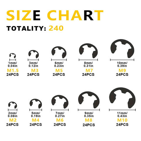 Size chart of Rugged Manganese Steel E Clip Retaining Ring Kit 240 Piece Set Covers M1.5 Through M10 Circlips With Washers
