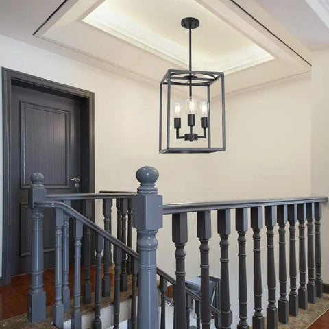 Rustic Hallway Cage Chandelier With 3 Lights Dope Vintage Industrial Farmhouse Square Pendant Ceiling Light For Dining
