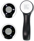 Handheld 10X Magnifier Loupe With Adjustable LED Light And UV Money Detector, optical glass lens and black handle close-up view