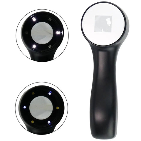 Handheld 10X Magnifier Loupe With Adjustable LED Light And UV Money Detector, optical glass lens and black handle close-up view