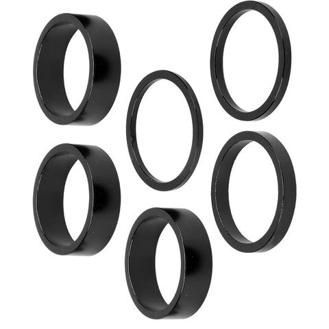 Six Piece Aluminum Bike Headset Spacer Set With 2mm 3mm 5mm And 10mm Heights For Twenty Eight Point Six Millimeter Forks One And One Eighth Inch Stems Black for a dope dialed in handlebar fit on mountain and road bikes.
