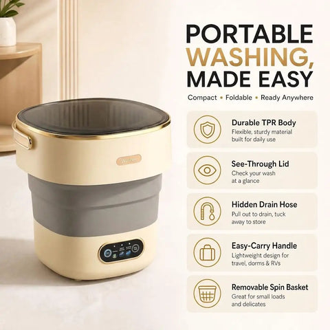 No Headache Foldable Portable Washing Machine With 17L Tub And Fast Spin Cycle Effortless Daily Wash For Baby Gear Socks And Underthings Slides Right Into Any Tiny Apartment Closet, TPR body with see-through lid.