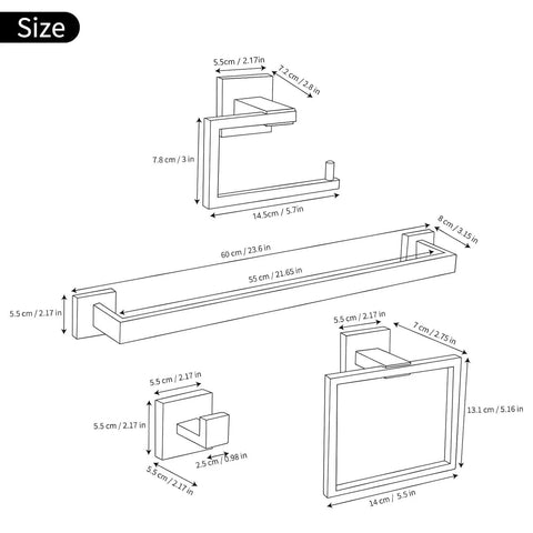 Diagram of Five Piece Bathroom Hardware Set with 23.6 Inch Towel Bar, Towel Ring, and Hooks. Modern stainless steel, brushed nickel.