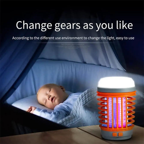 Solar Powered Outdoor Bug Zapper That Is Waterproof Portable And Rechargeable With USB Charging next to a sleeping baby.