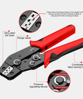 No Sweat Ratcheting Wire Crimping Tool With Auto Release Handle And Chrome Moly Jaws For Open Barrel Terminals On 23-16 AWG Electrical Pliers Workshop Staple, showing alloy steel die head and labor-saving handle.