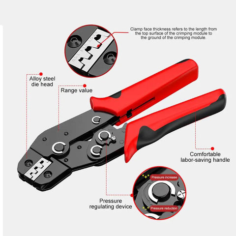 No Sweat Ratcheting Wire Crimping Tool With Auto Release Handle And Chrome Moly Jaws For Open Barrel Terminals On 23-16 AWG Electrical Pliers Workshop Staple, showing alloy steel die head and labor-saving handle.