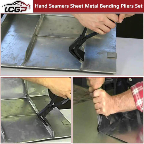 Three Piece Handy Hand Seamer Set With Non Slip Grip for bending sheet metal edges, showing 60 mm wide jaws in use