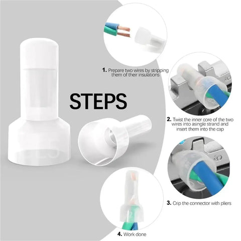 Dope 580Pcs Closed End Crimp Connector Kit Nylon Wire Caps For 22-16/16-14/12-10 AWG Cables With Translucent Shield And Tin Plated Copper Ferrule For Top Tier Electrical Work And Safety, step guide showing wire splice and crimping