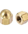 Top Shelf Brass Hex Cap Nuts 20 Piece M4 Dome Fasteners Corrosion Resistant Decorative Screw Covers with shiny brass finish.