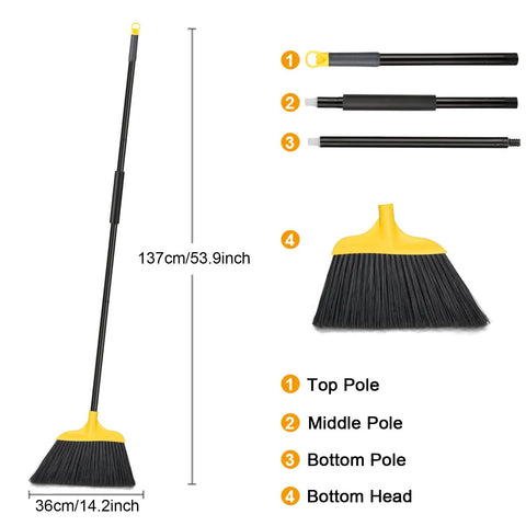 3 Pack 54 Inch Heavy Duty Rugged Outdoor Brooms With Four Layer Stiff Bristles showing adjustable handle sections and dimensions