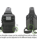 Front and back view of Compact Tactical Travel Sling Bag With Molle System, adjustable padded straps, 900D nylon.