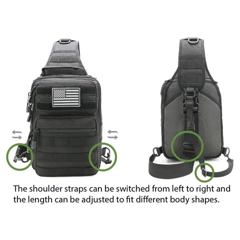 Front and back view of Compact Tactical Travel Sling Bag With Molle System, adjustable padded straps, 900D nylon.
