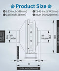 6 Inch Inline Duct Fan dimensions diagram showing 5.83 x 13.46 inches, air intake and outlet.