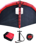 Five Square Meter Wing Foil Kitesurfing Gear with storage bag, inflator pump, and surf leash showing kite with dual airbags.